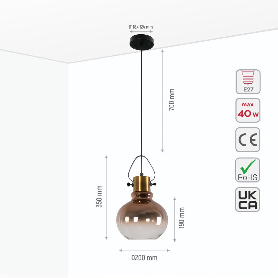 Size and specs of Bronze Gradient Glass Globe Pendant Ceiling Light with E27 | TEKLED 150-18074