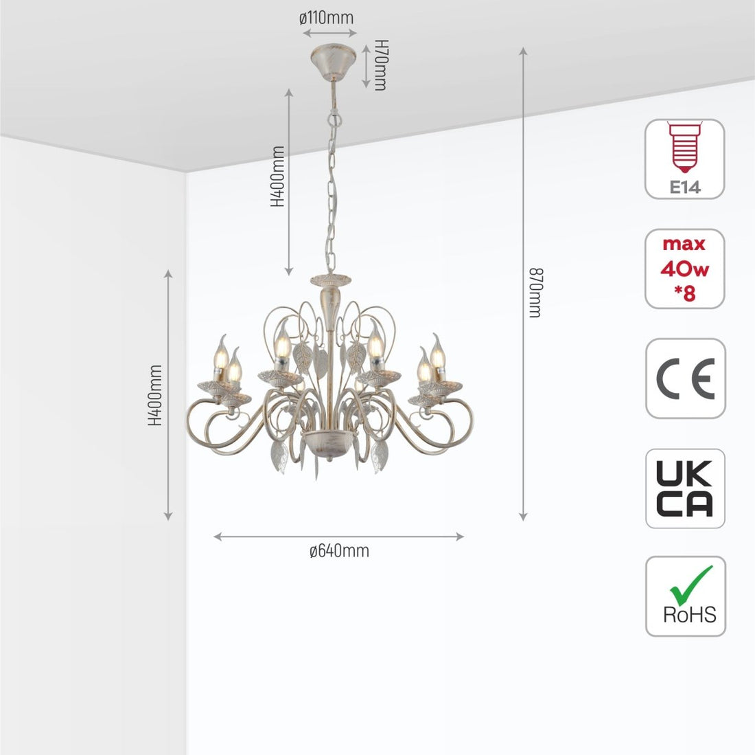 Size and specs of Candle French Mediterian Leaf Traditional Vintage Gold Patinated White Ceiling Light with 3xE14 Fittings | TEKLED 158-19098