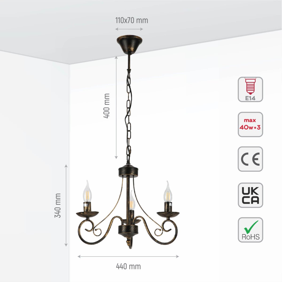 Size and specs of Candle Vintage Gold Patinated Black French Chandelier Ceiling Light 3xE14 | TEKLED 152-17614