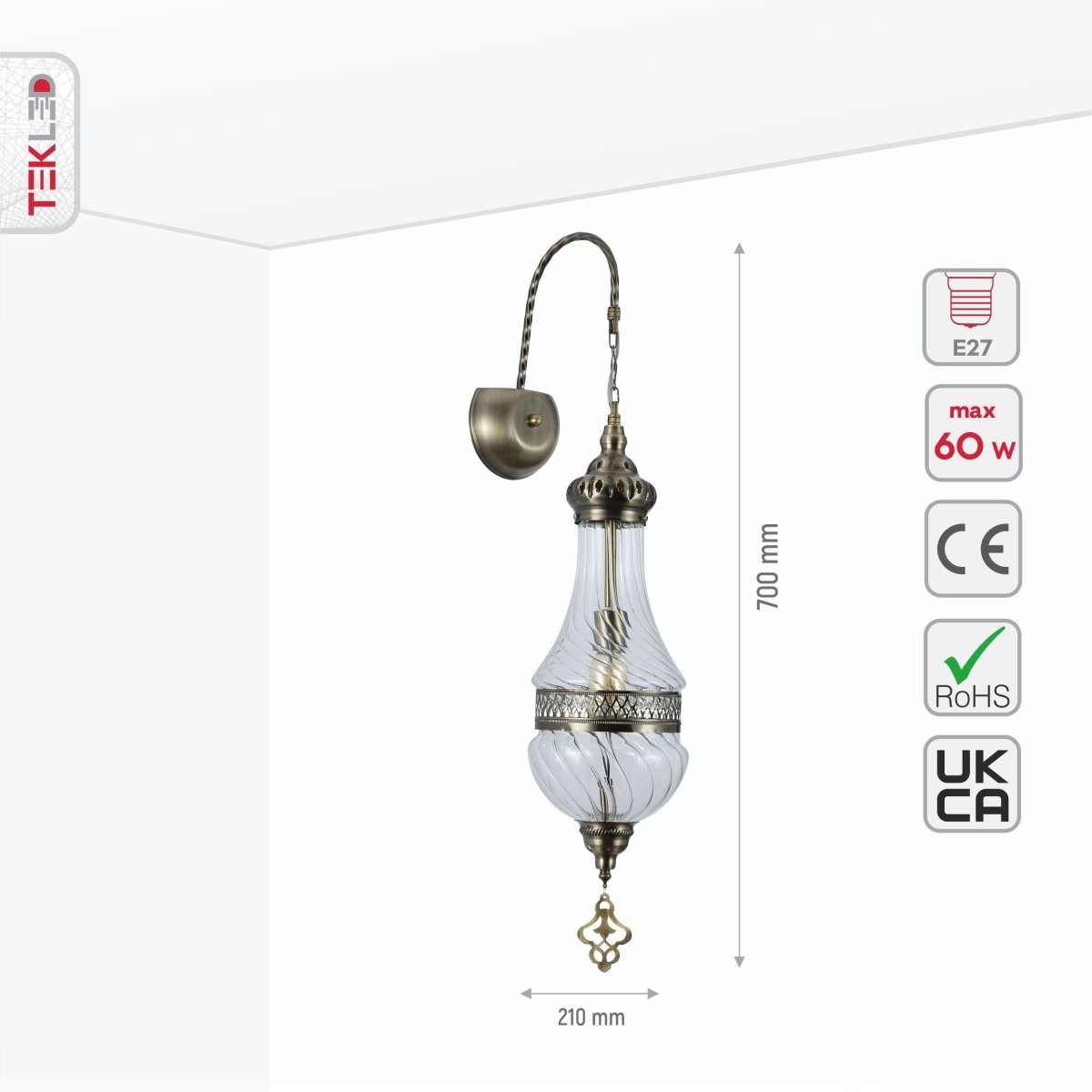 Size and specs of Clear Glass Antique Bronze Metal Body Moroccan Style Wall Light with E27 Fitting | TEKLED 151-19457
