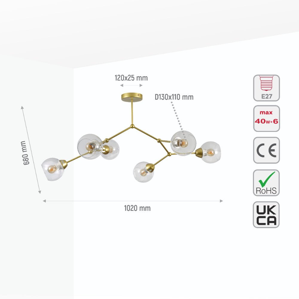 Size and specs of Clear Glass Gold Wishbone Branch Twig Semi Flush Modern Sputnik Ceiling Light with 6xE27 Fitting | TEKLED 159-17808