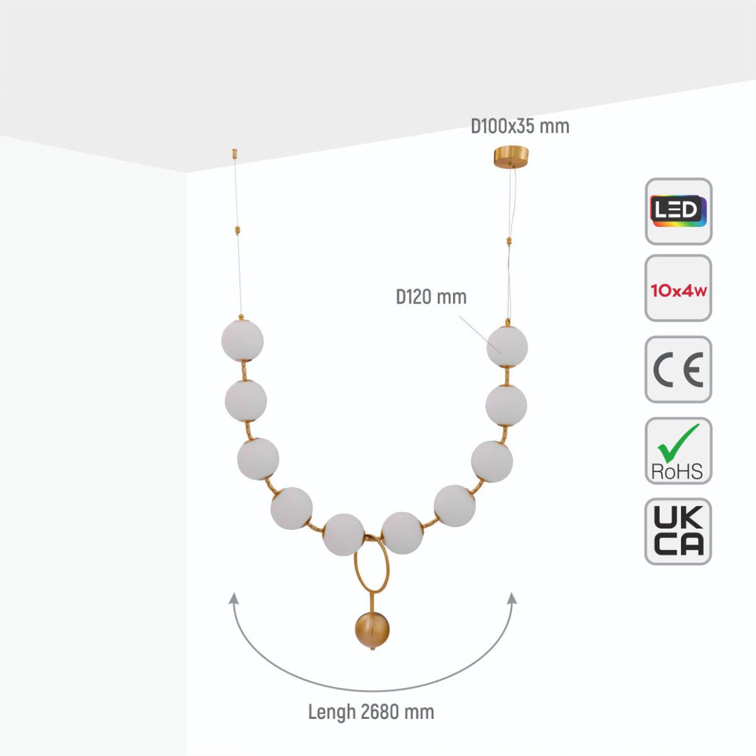 Size and specs of Contemporary Rosary Opal Globe Glass Gold Metal Chandelier Ceiling Light 40W 4000K Cool White 2 Suspension | TEKLED 159-17570