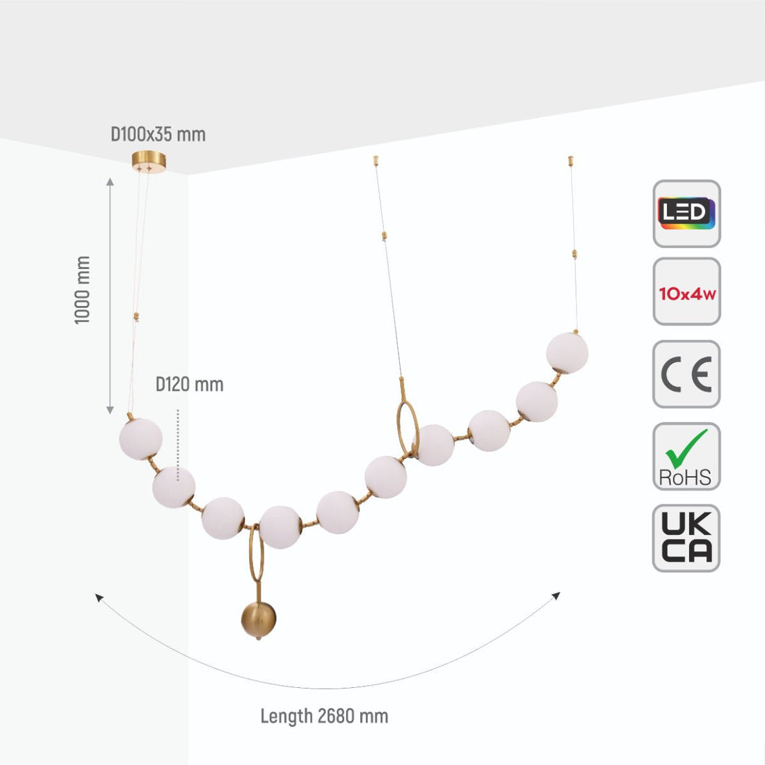 Size and specs of Contemporary Rosary Opal Globe Glass Gold Metal Chandelier Ceiling Light 40W 4000K Cool White 3 Suspension | TEKLED 159-17568