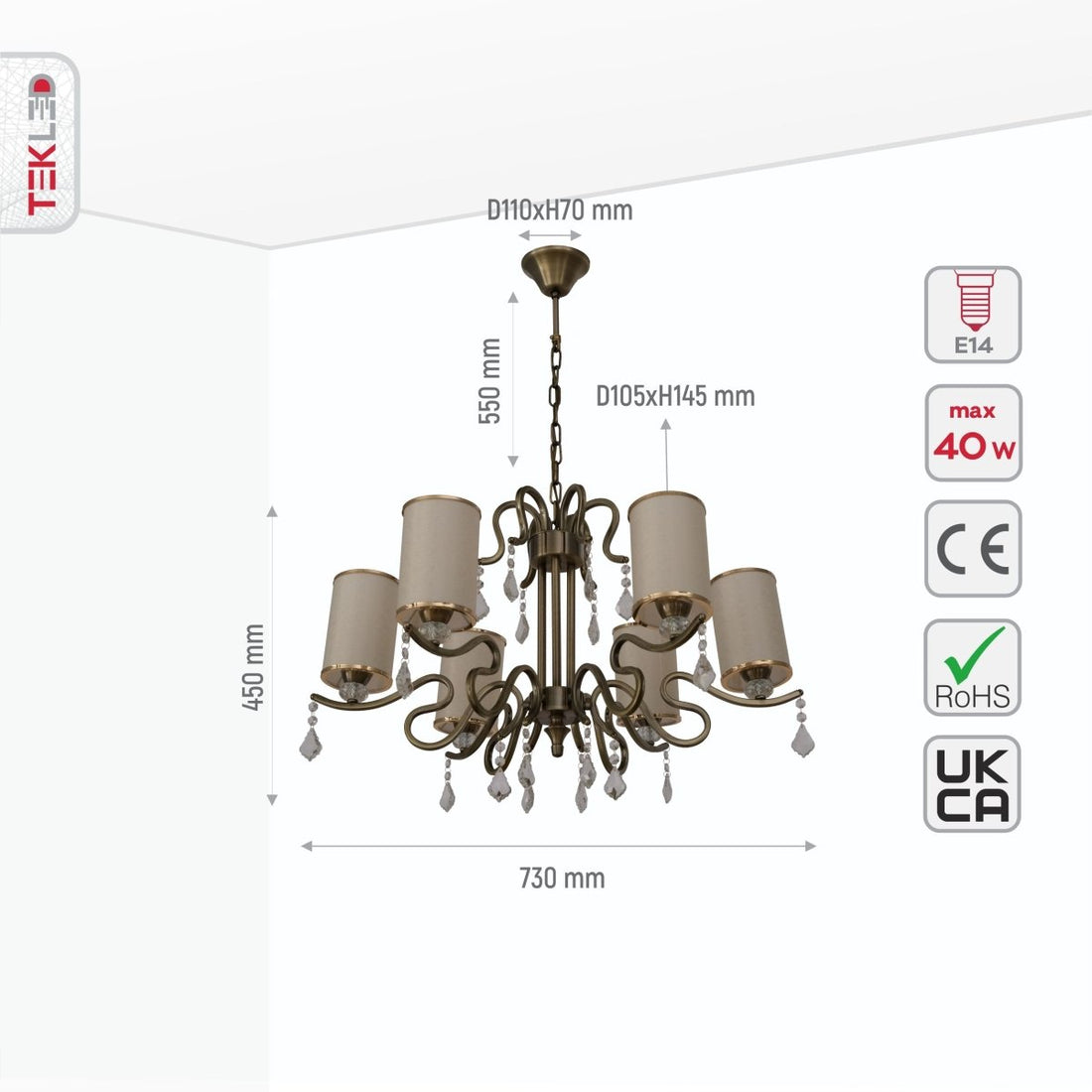Size and specs of Cream Shade Antique Brass Metal 6 Arm Chandelier with Pendeloque Crystals 6xE14 | TEKLED 158-17826