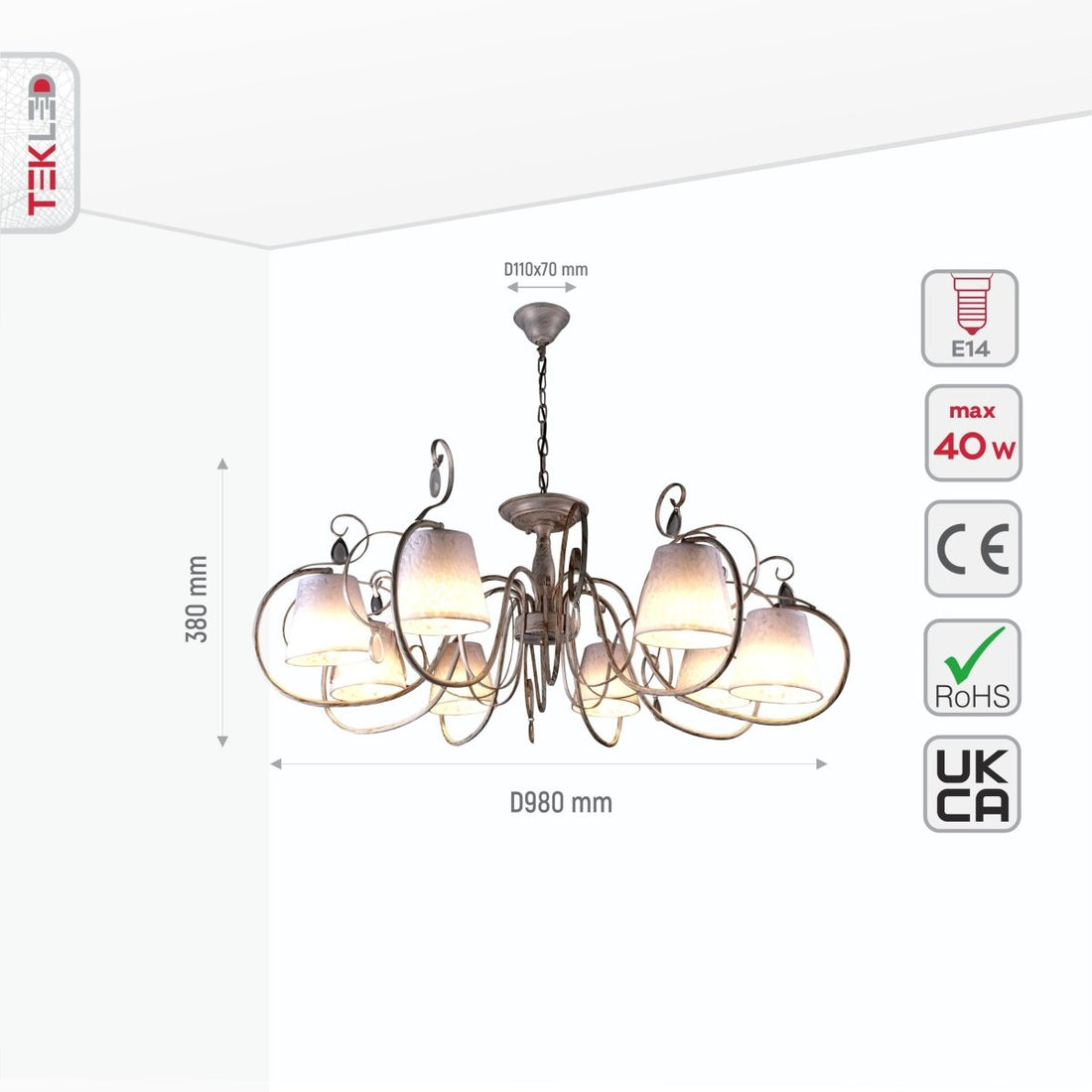 Size and specs of Creamy White Shade Rice White Gold Brushed 8 Arm Chandelier with 8xE14 Fitting | TEKLED 158-17824