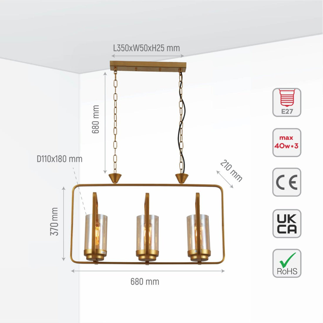 Size and specs of Gold Metal Cage Body Amber Cylinder Glass Kitchen Island Chandelier Ceiling Light with 3xE27 Fitting | TEKLED 159-17444