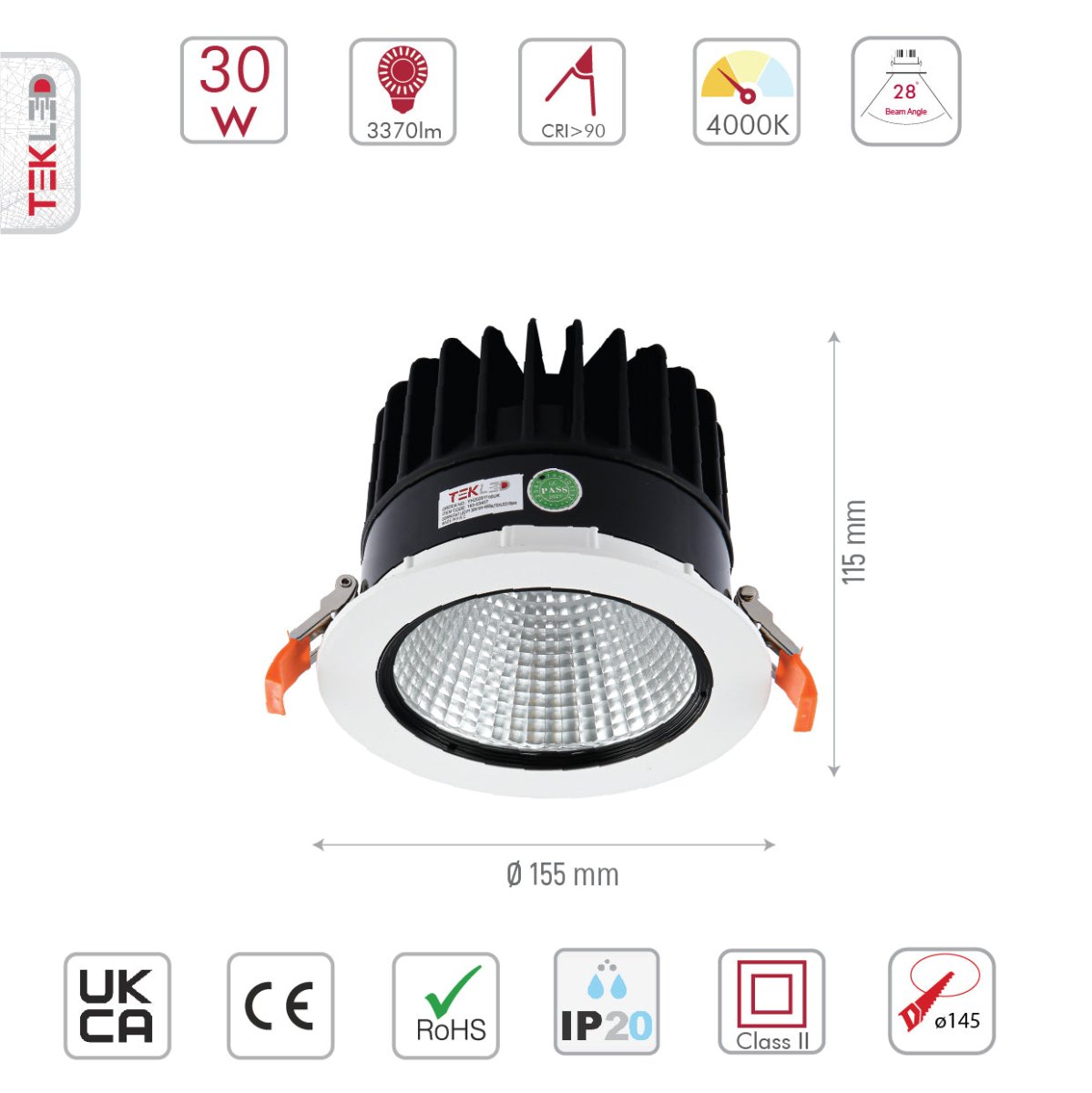 Size and specs of LED COB Recessed Downlight P1 30W Cool White 4000K White | TEKLED 165-03407
