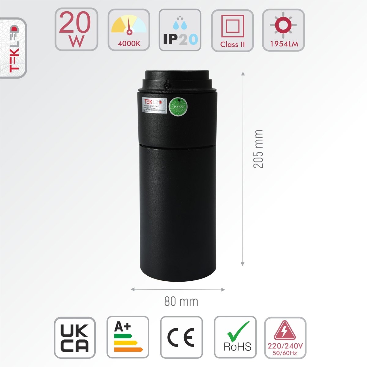 Size and specs of LED Surface-Recesssed Rotatable Downlight H-160 20W Cool White 4000K Black | TEKLED 174-03696