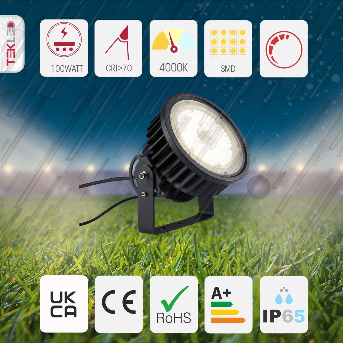 Size and specs of LED UFO Cold Forged Heatsink Highbay Light 100W Cool White 4000K Sand Black IP65 | TEKLED 224-03512