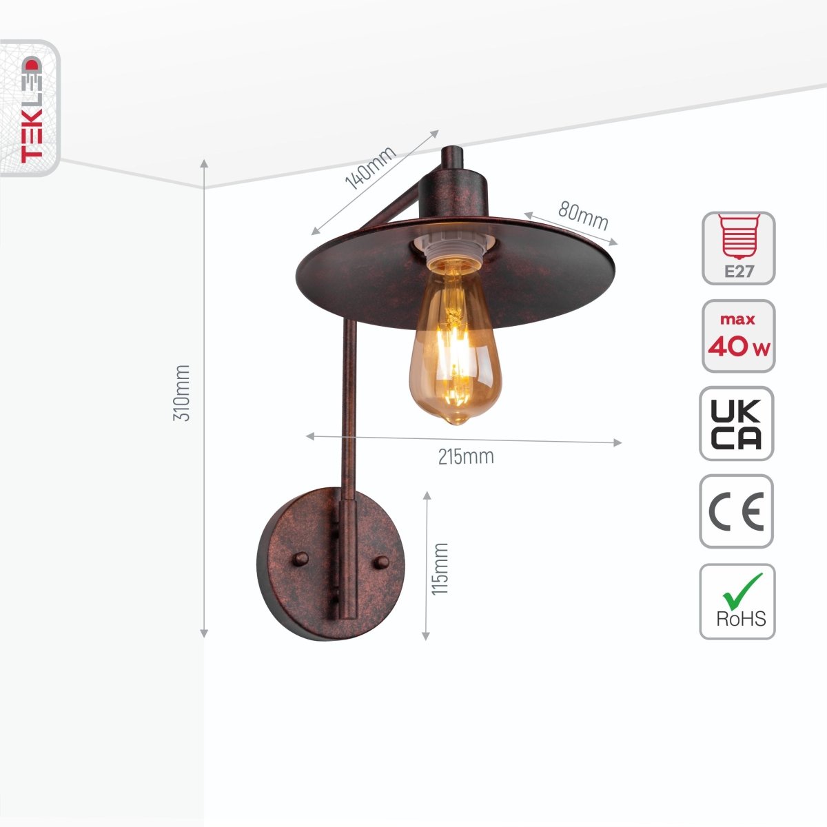 Size and specs of Red Bronze Metal Flat Wall Light with E27 Fitting | TEKLED 151-19640