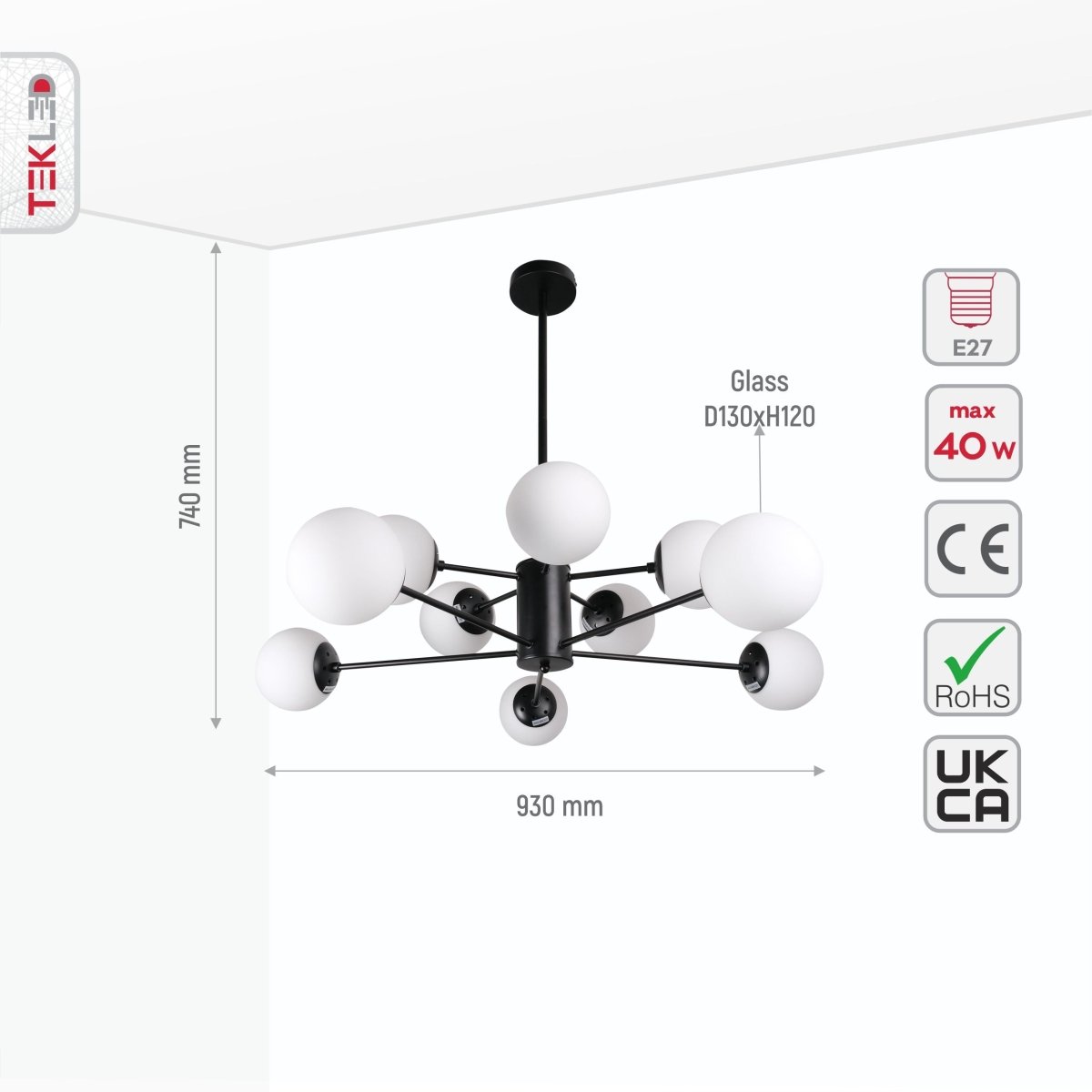 Size and specs of Snowflake Opal Globe Glass Black Body Ceiling Light with 10xE27 Fittings | TEKLED 159-17424