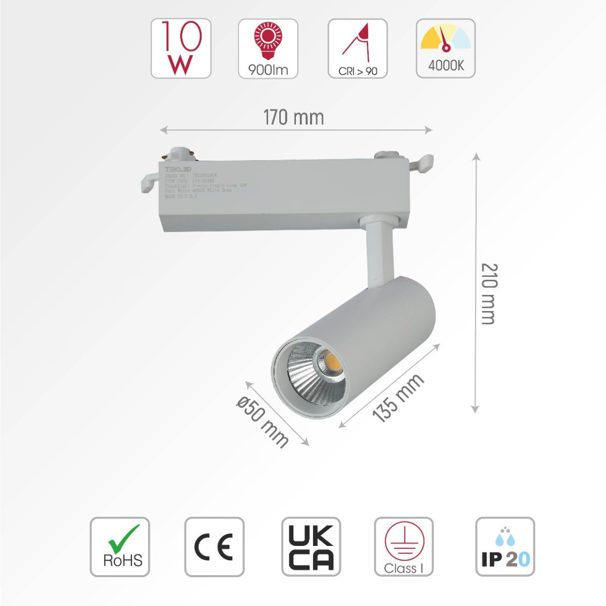 Size and specs of Tracklight 3-wire Single Line 10W Cool White 4000K White Body | TEKLED 174-03990