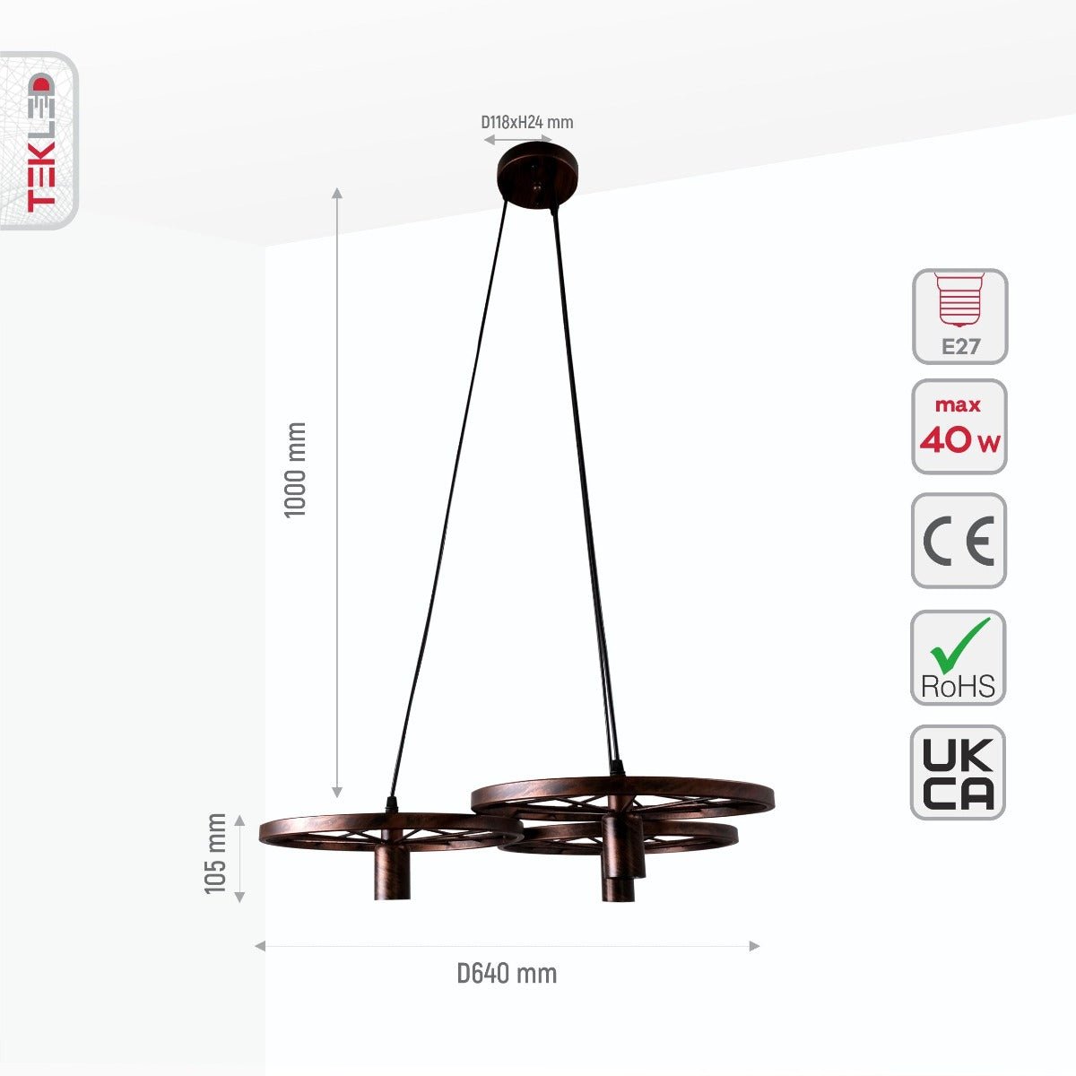 Size and specs of Vintage Industrial Wagon Wheel Pendant Light with 3xE27 Fitting | TEKLED 158-17892