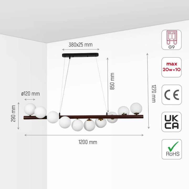 Size and specs of Walnut Wood Finish Metal Body Opal Glass Globes Kitchen Island Chandelier Ceiling Light with 10xG9 Fitting | TEKLED 158-19696