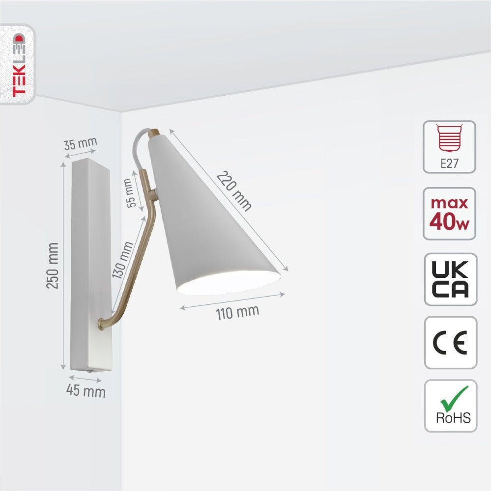 Size and specs of White Metal Cone Wall Light with E27 Fitting | TEKLED 151-19650