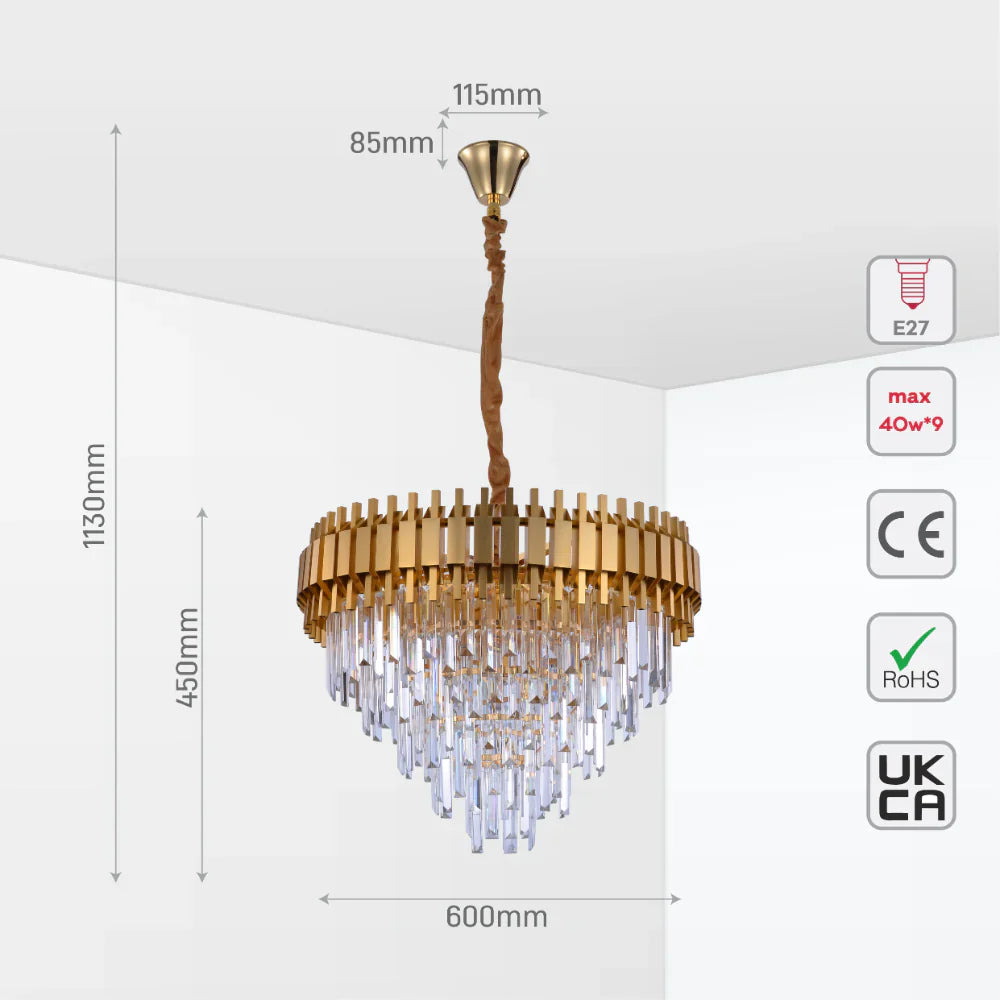 Size and tech specs of Metropolitan Square Beam Design Tiered Crystal Modern Chandelier Ceiling Light | TEKLED 159-17900