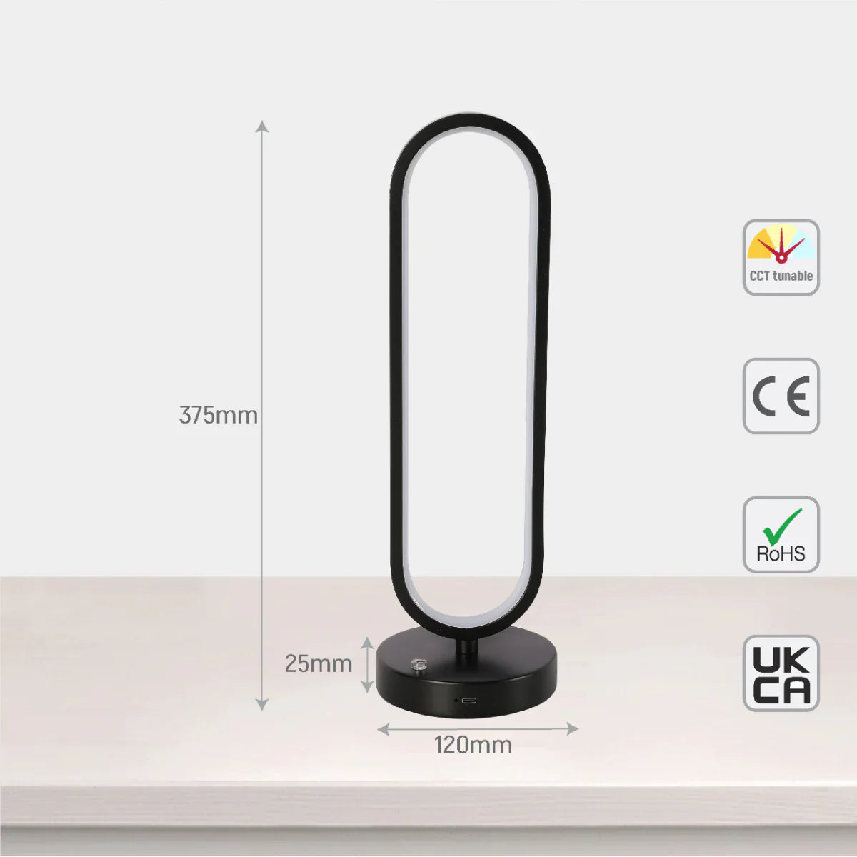 Size and certifications of Minimalist Oval Table Lamp with 3 CCT LED - Black Finish 130-03643