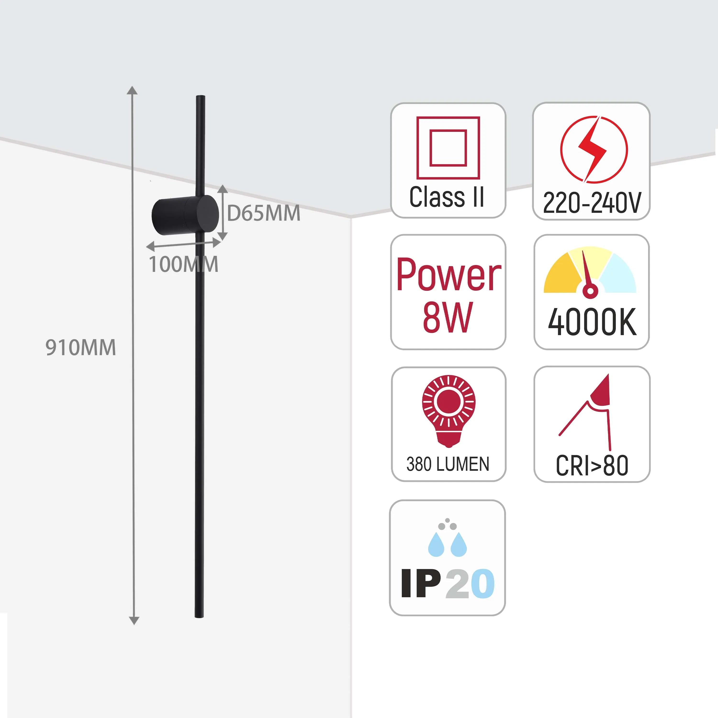 Minimalist Rod Wall Light in Black or Gold with Integrated LED