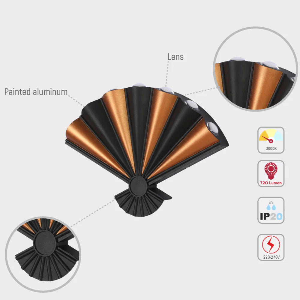 Modern Folding Fan 8 way LED Wall Light Black 3000K 8W 7