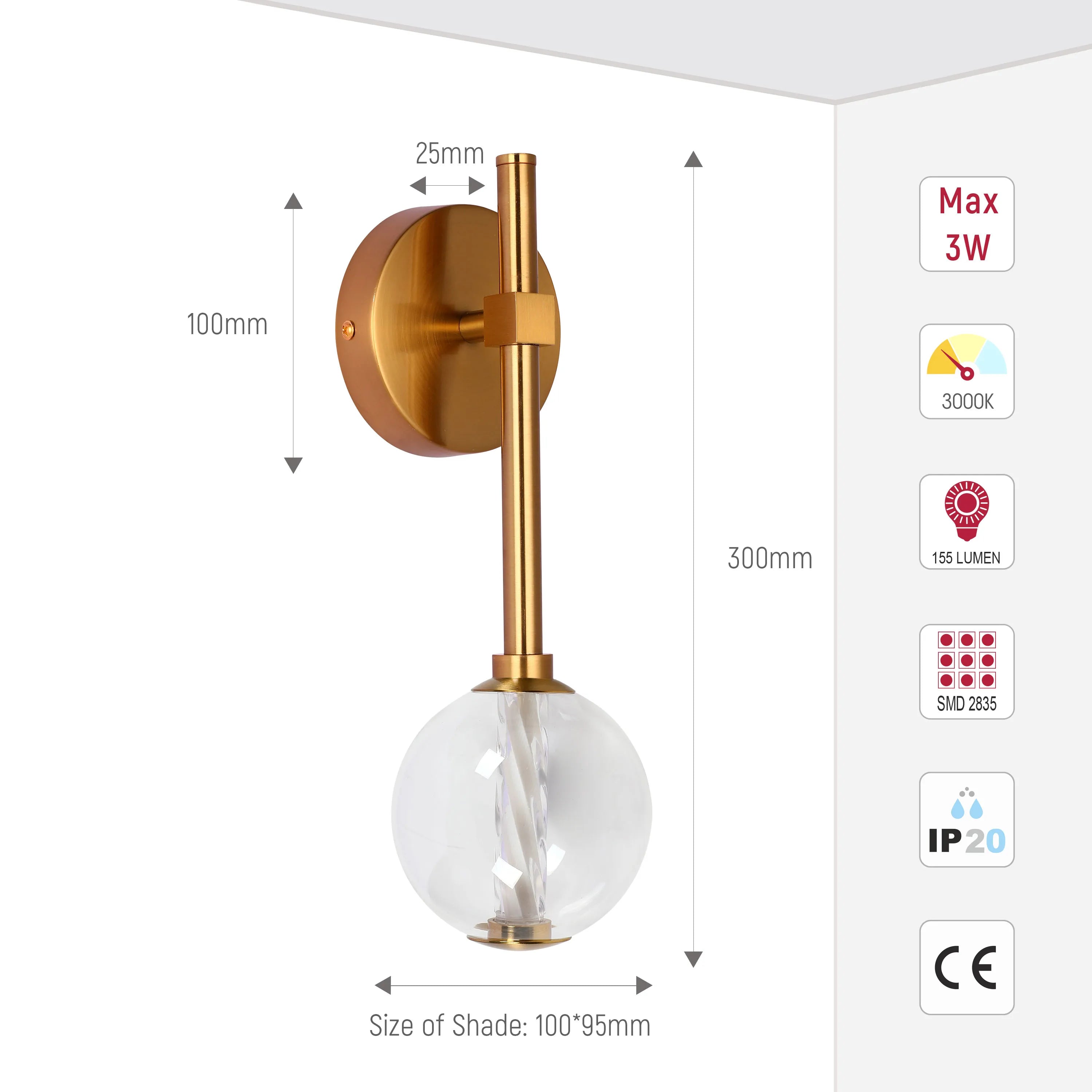 Integrated LED Modern Gold Wall Light - Single & Double Globe