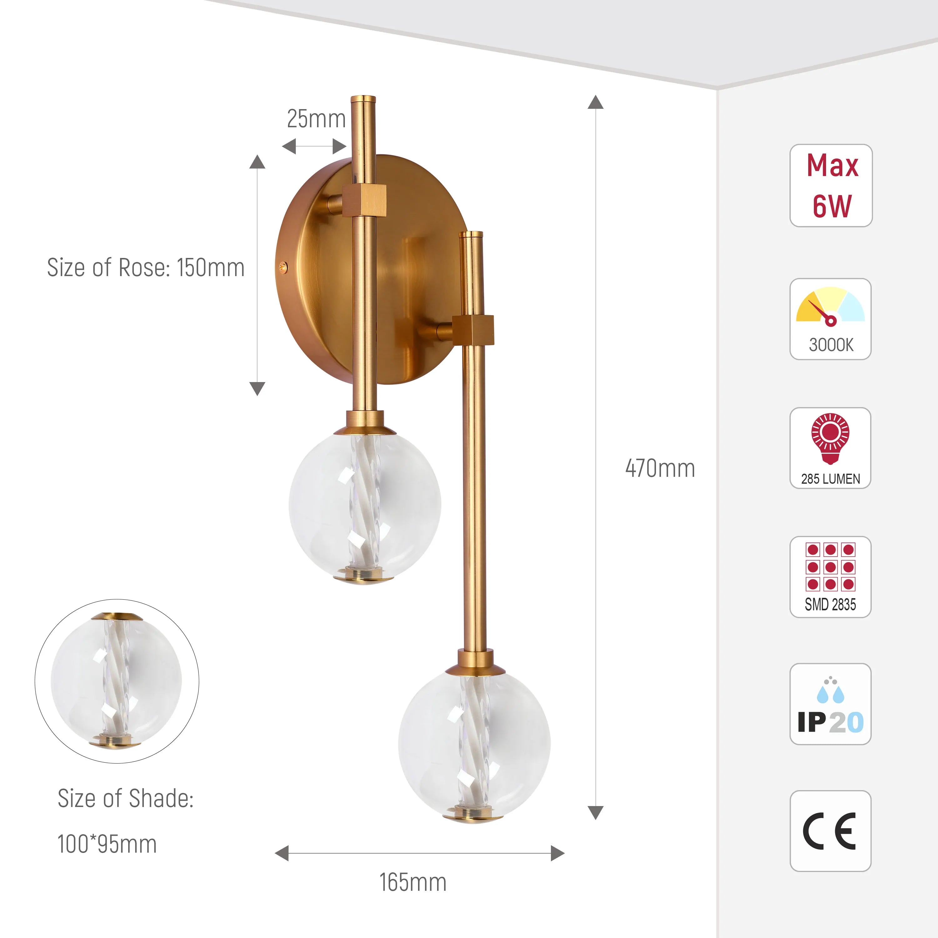 Integrated LED Modern Gold Wall Light - Single & Double Globe