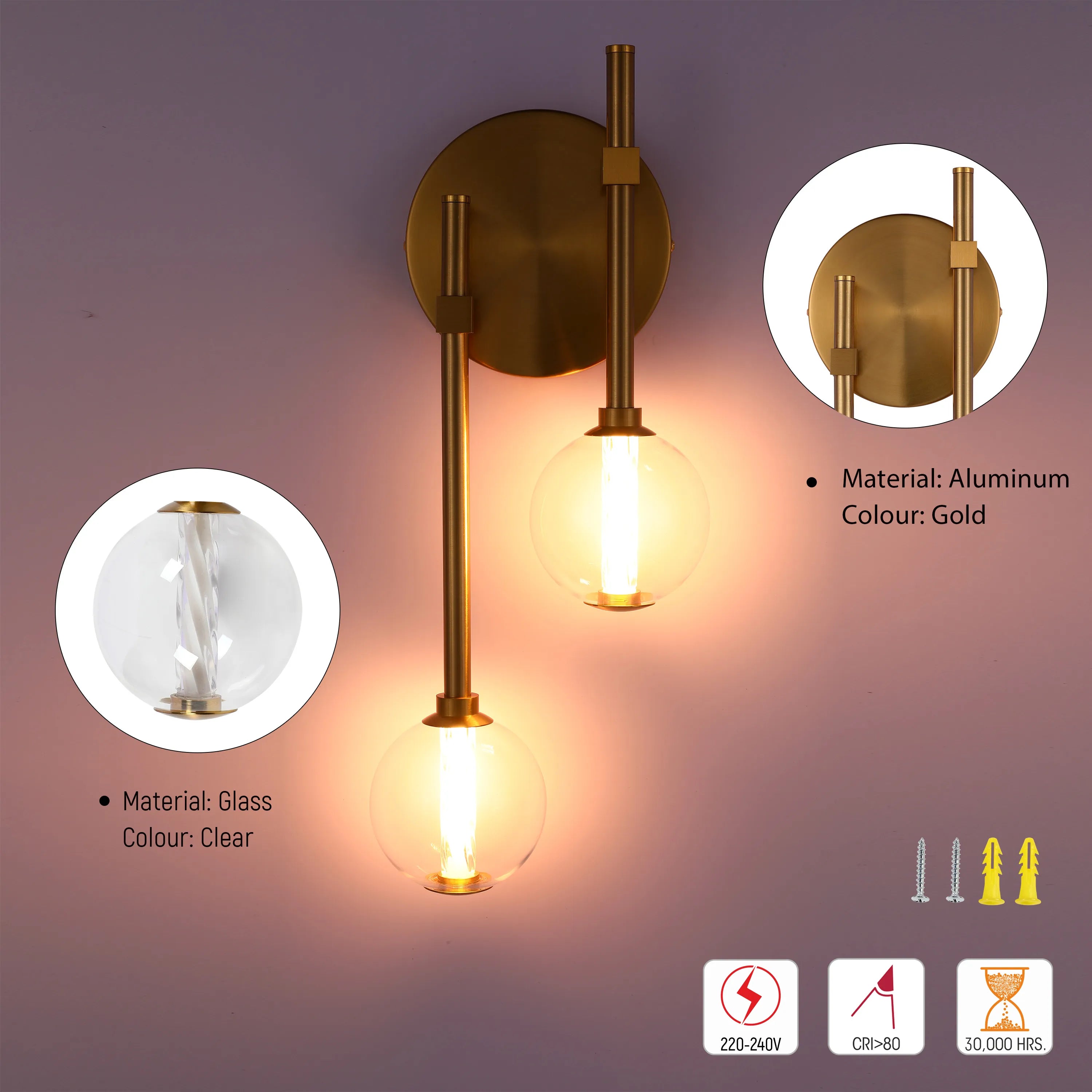 Integrated LED Modern Gold Wall Light - Single & Double Globe