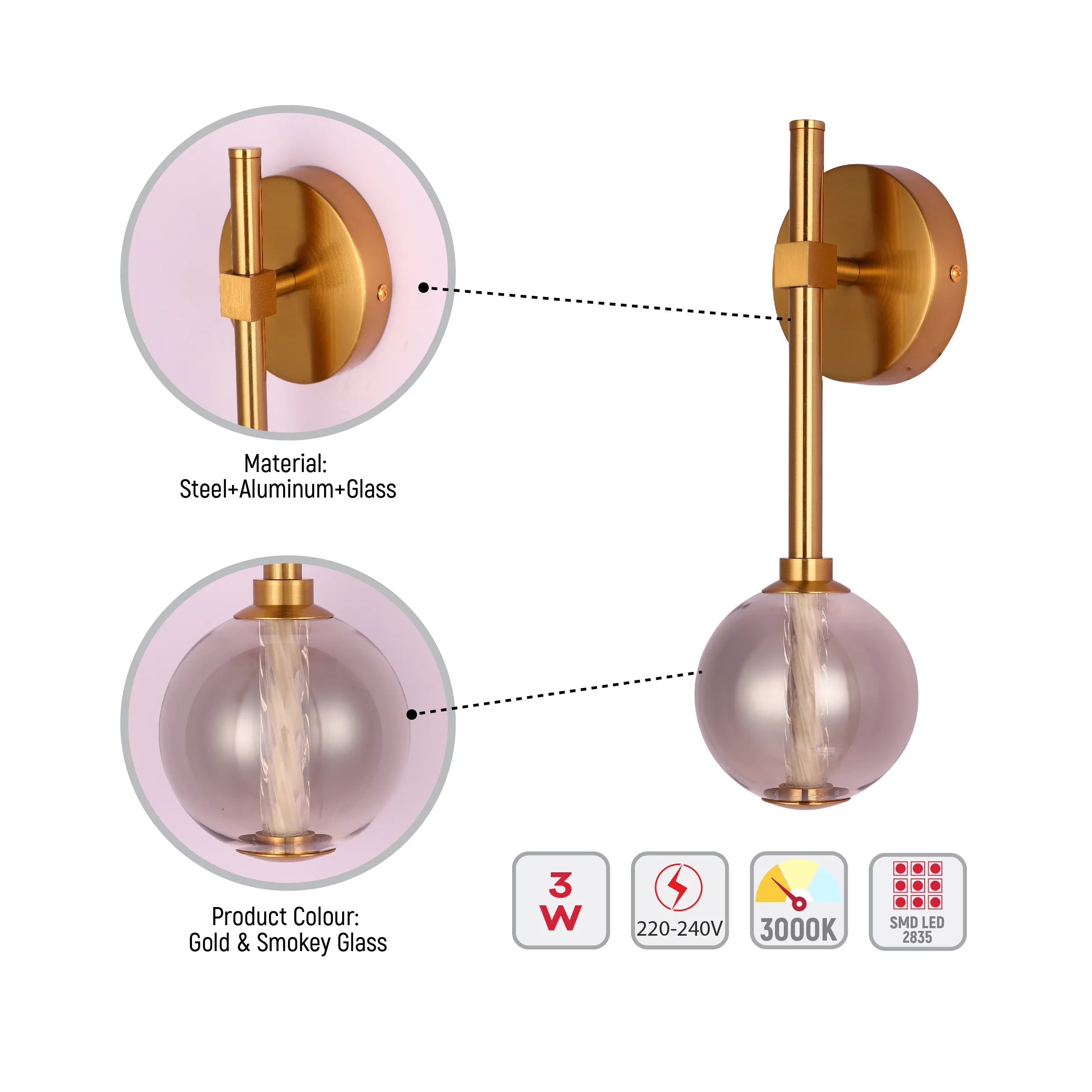Integrated LED Modern Gold Wall Light - Single & Double Globe