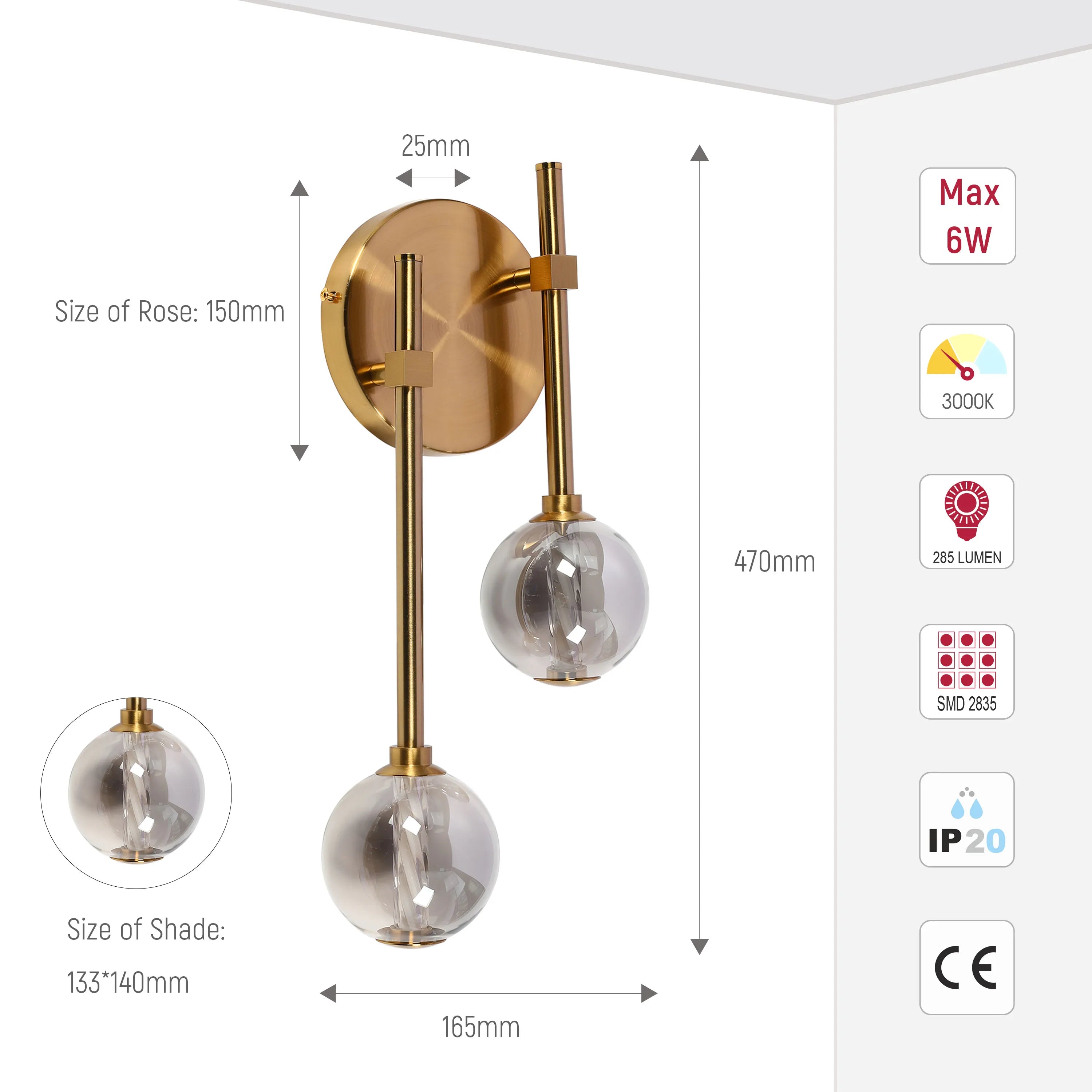 Integrated LED Modern Gold Wall Light - Single & Double Globe