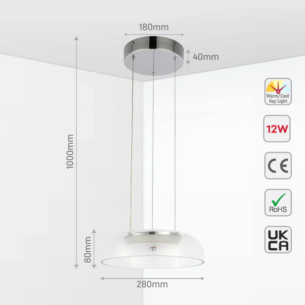 Modern Minimalist Clifton Glass Pendant Light Chrome CCT Changeable D280 6W 5