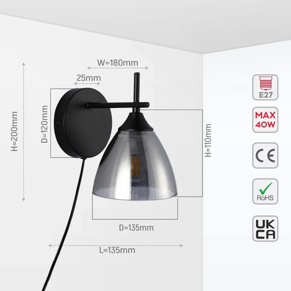 Modern Plug-In Wall Light with Smoky Glass Shade 5