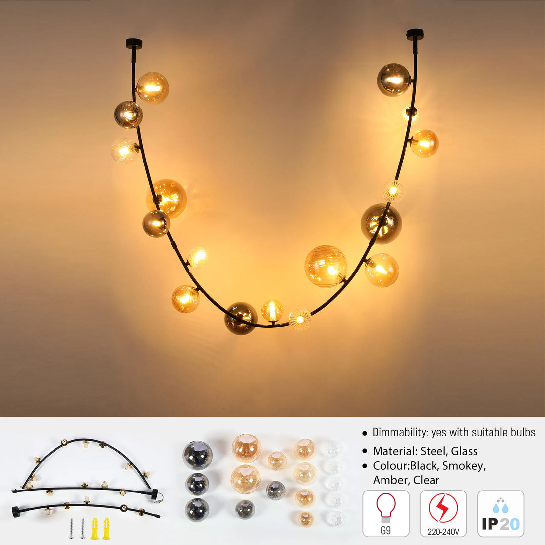 Dimmable Multi-Glass Globe Branch Pendant Light G9