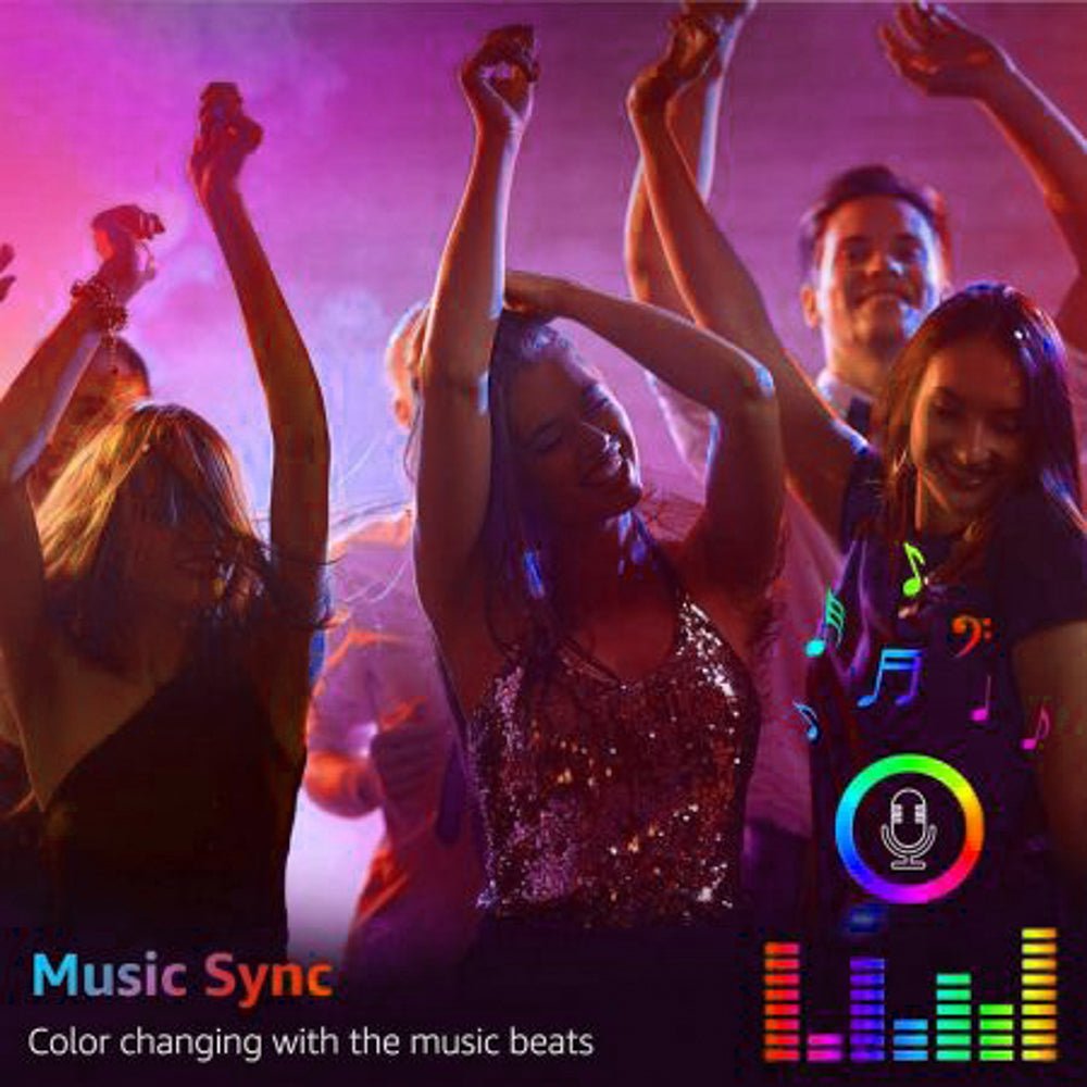 Illustrative music sync feature of  Holiday 5m Smart RGB LED Strip Light 150 LEDs SMD5050 DC12V IP20 25W 2A Adaptor Wi-Fi Alexa Google Assistant Music with Remote controler
