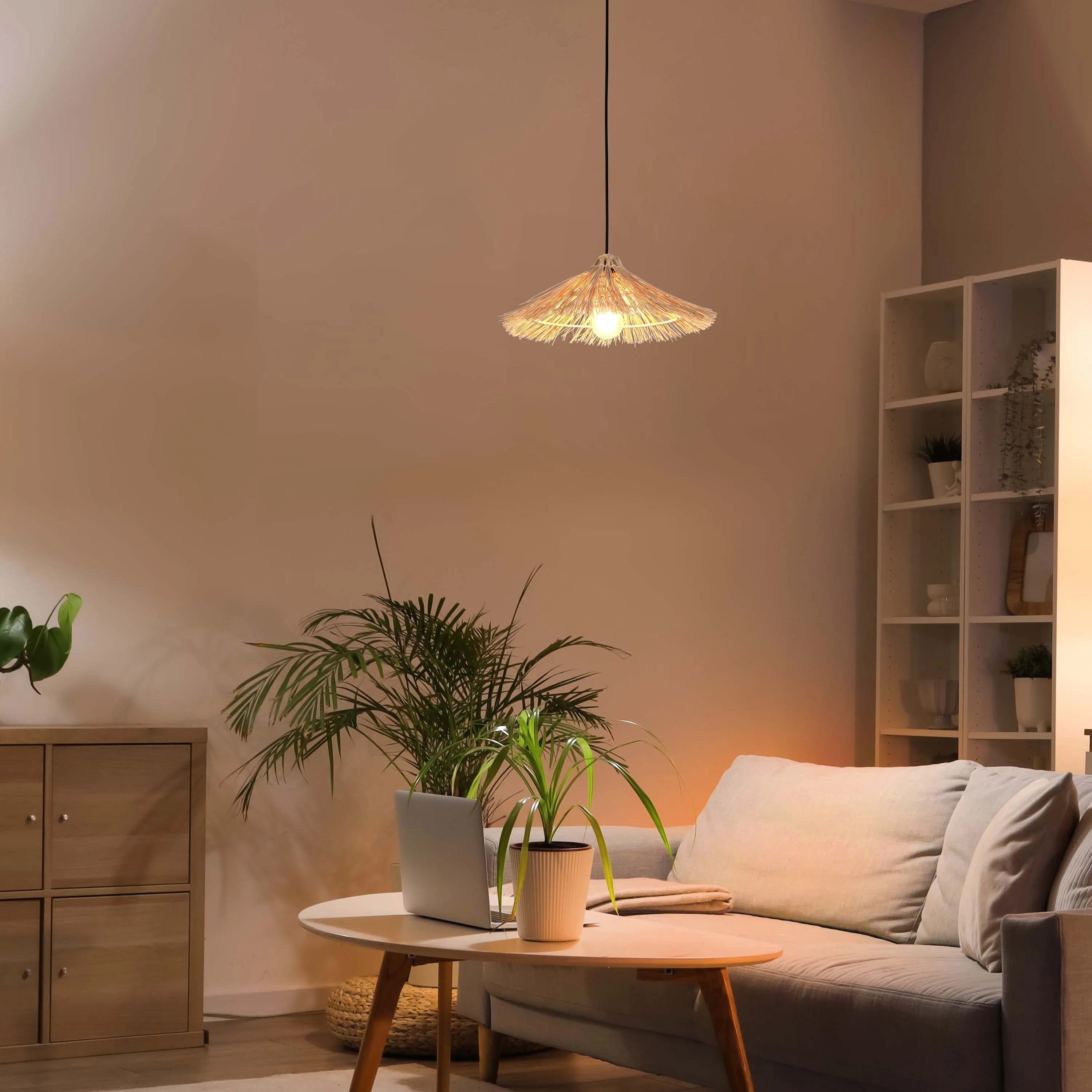 Natural Bamboo Parasol Pendant Light E27 Fitting with Black Cable