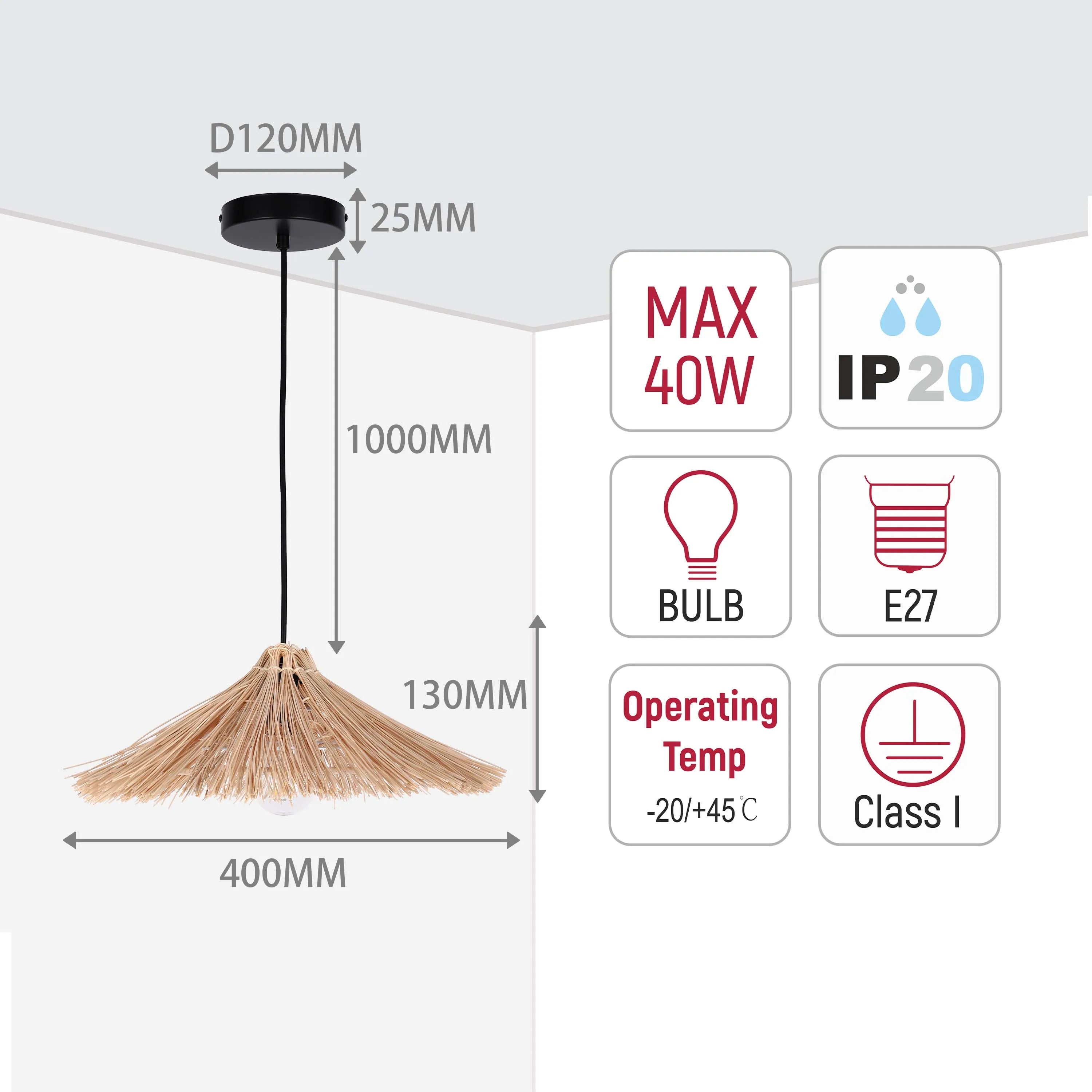 Natural Bamboo Parasol Pendant Light E27 Fitting with Black Cable