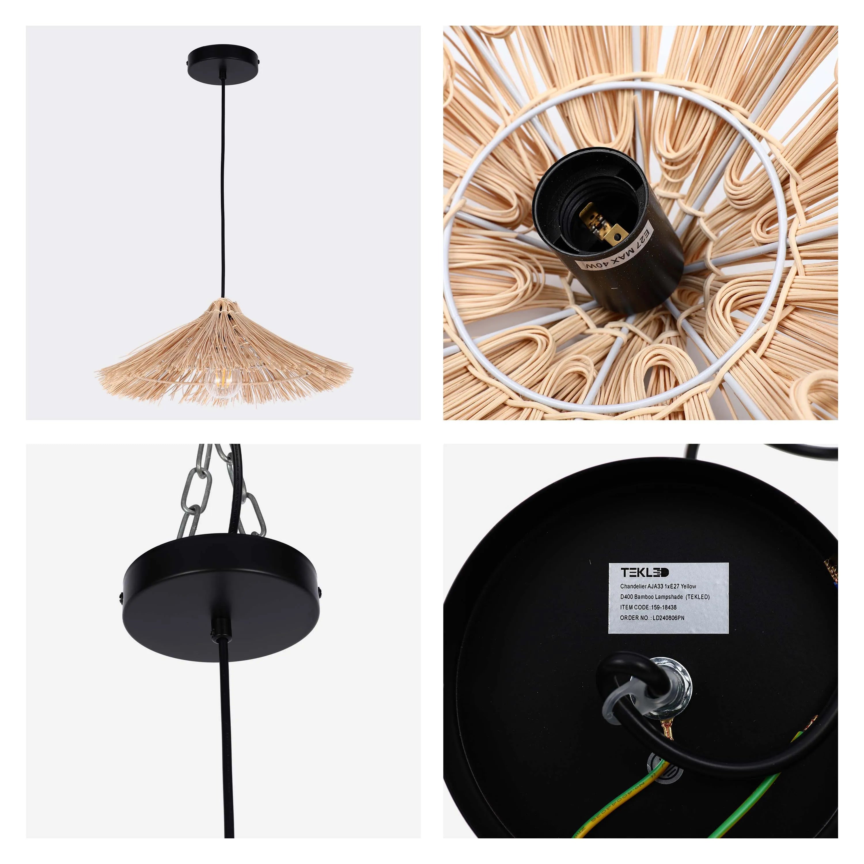 Natural Bamboo Parasol Pendant Light E27 Fitting with Black Cable