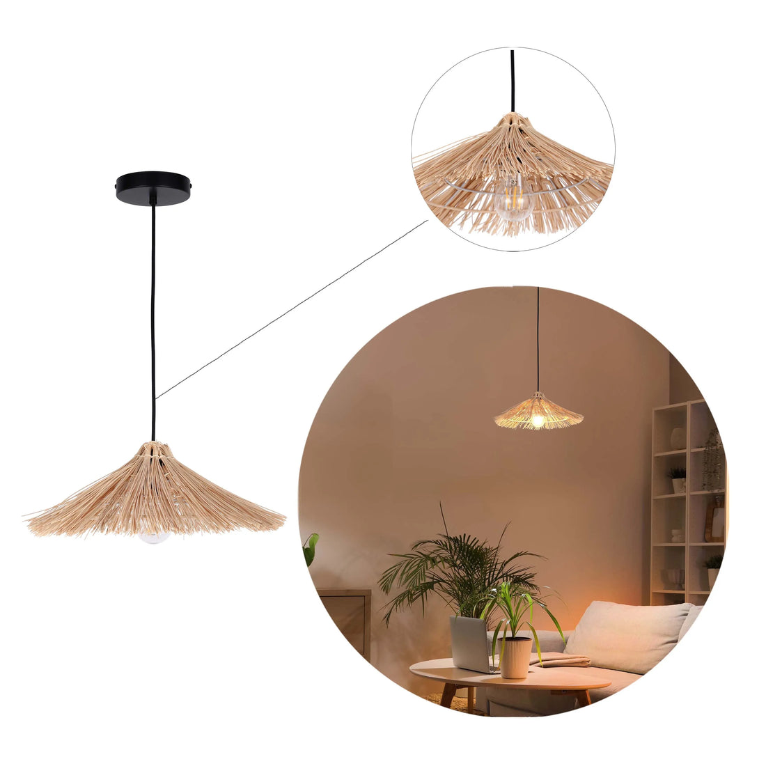 Natural Bamboo Parasol Pendant Light E27 Fitting with Black Cable