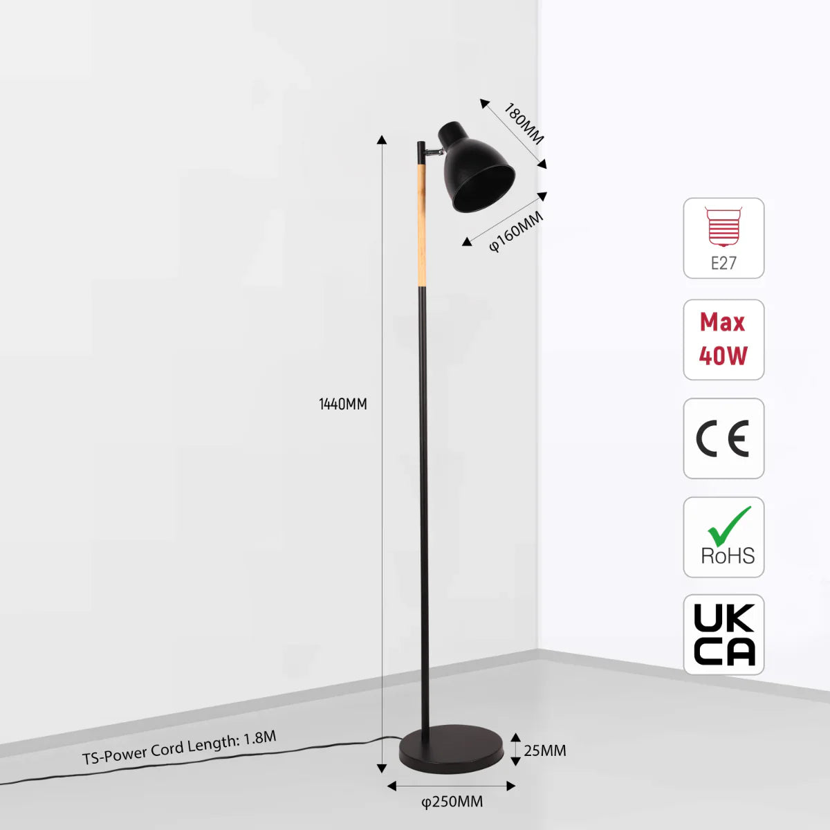 Size and certifications of Nordic Floor Lamp with Wood Accent - E27, Rotatable Shade, 3 Finishes 130-03526
