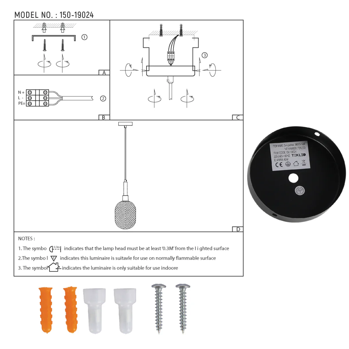 Technical specs of Opalescent Ellipsoid Pendant Light with Gold Detail 150-19024