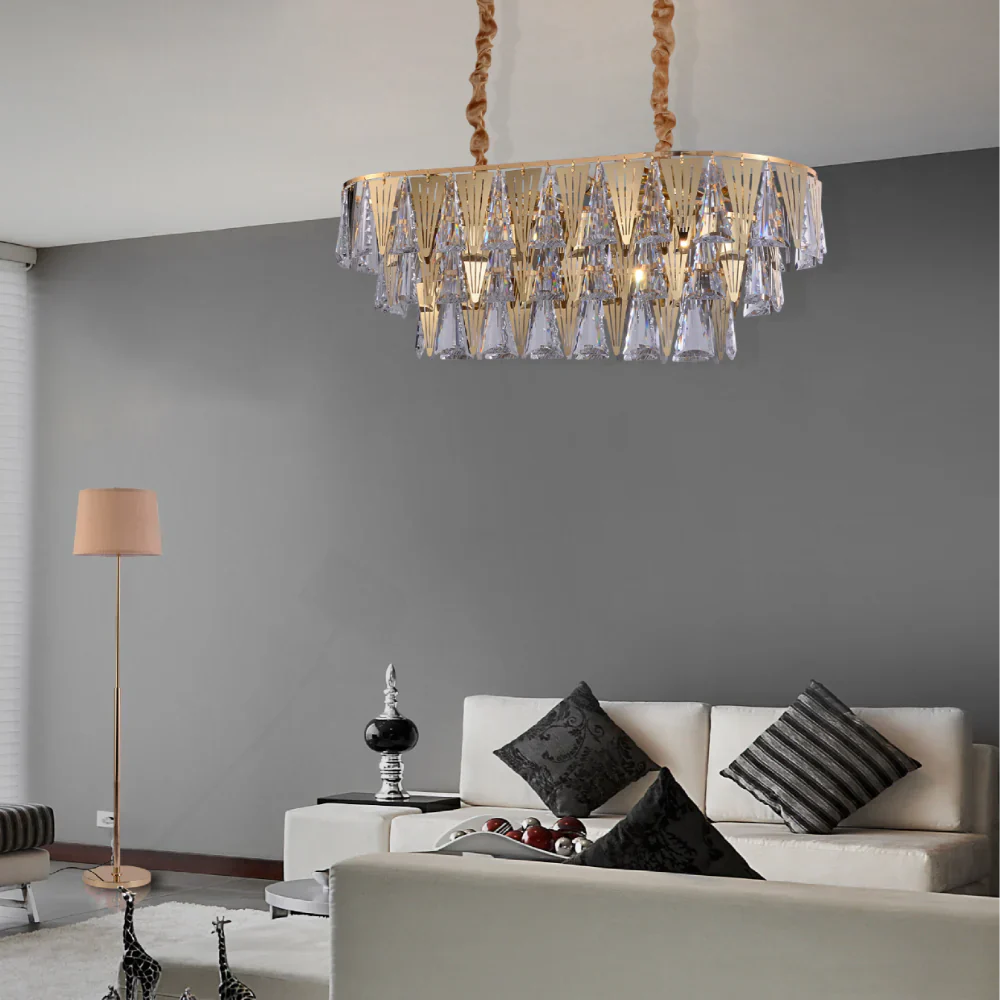 Interior use of Opulent Gold Chandelier Ceiling Light with Triangular Crystal Elegance | TEKLED 159-17918