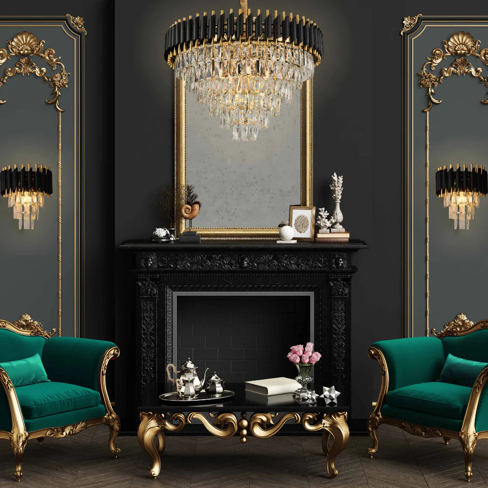 Interior application of Orbit Glow Design 3 Tiered Crystal Wall Sconce Light Black Gold | TEKLED 151-19912