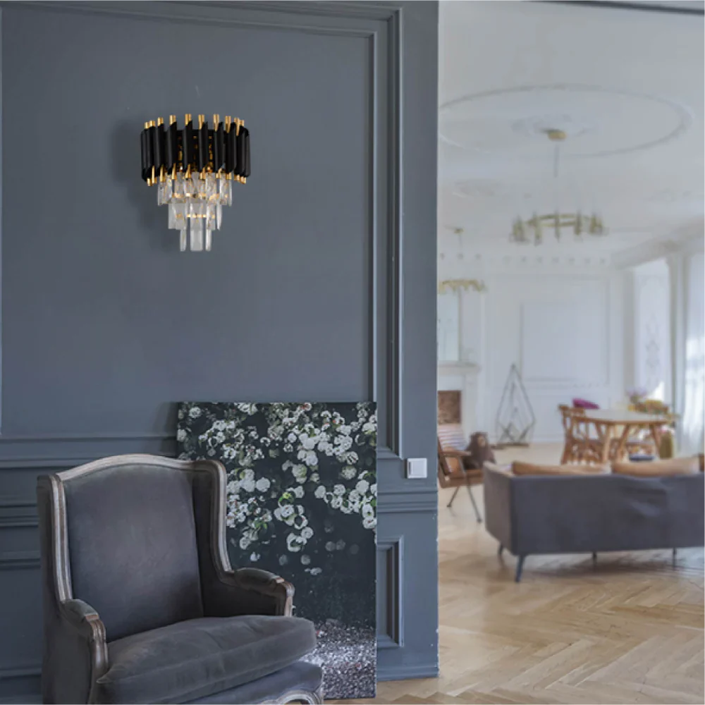 Interior use of Orbit Glow Design 3 Tiered Crystal Wall Sconce Light Black Gold | TEKLED 151-19912