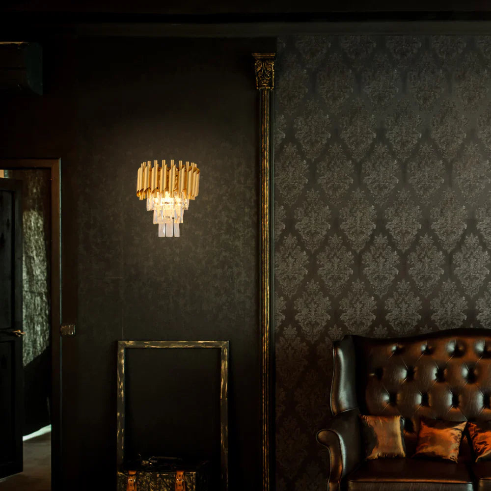 Interior use of Orbit Glow Design 3 Tiered Crystal Wall Sconce Light Black Gold | TEKLED 151-19914