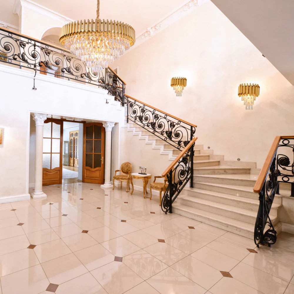 Living room kitchen bedroom use of Orbit Glow Design 3 Tiered Crystal Wall Sconce Light Black Gold | TEKLED 151-19914