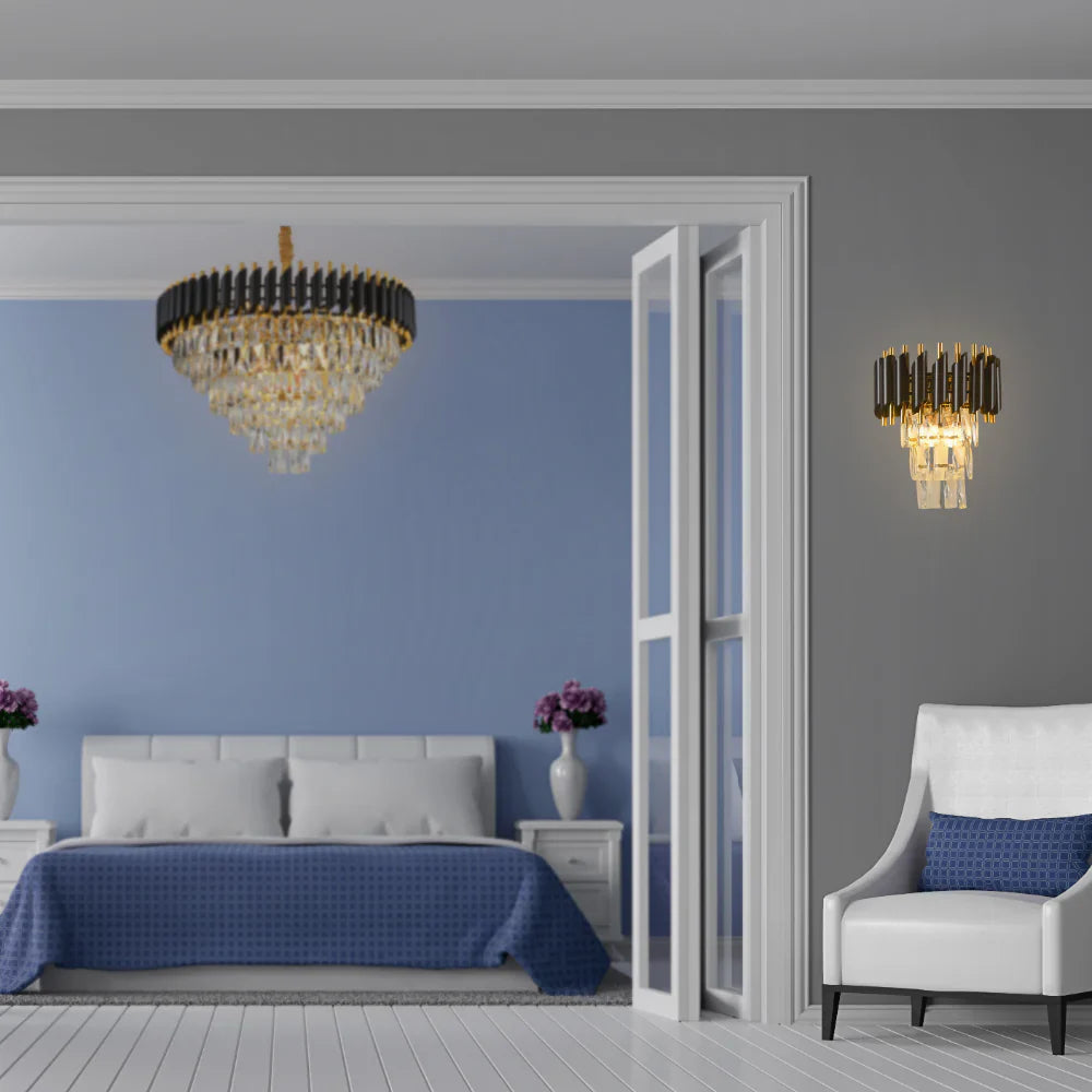 Living room kitchen bedroom use of Orbit Glow Design 3 Tiered Crystal Wall Sconce Light Black Gold | TEKLED 151-19932