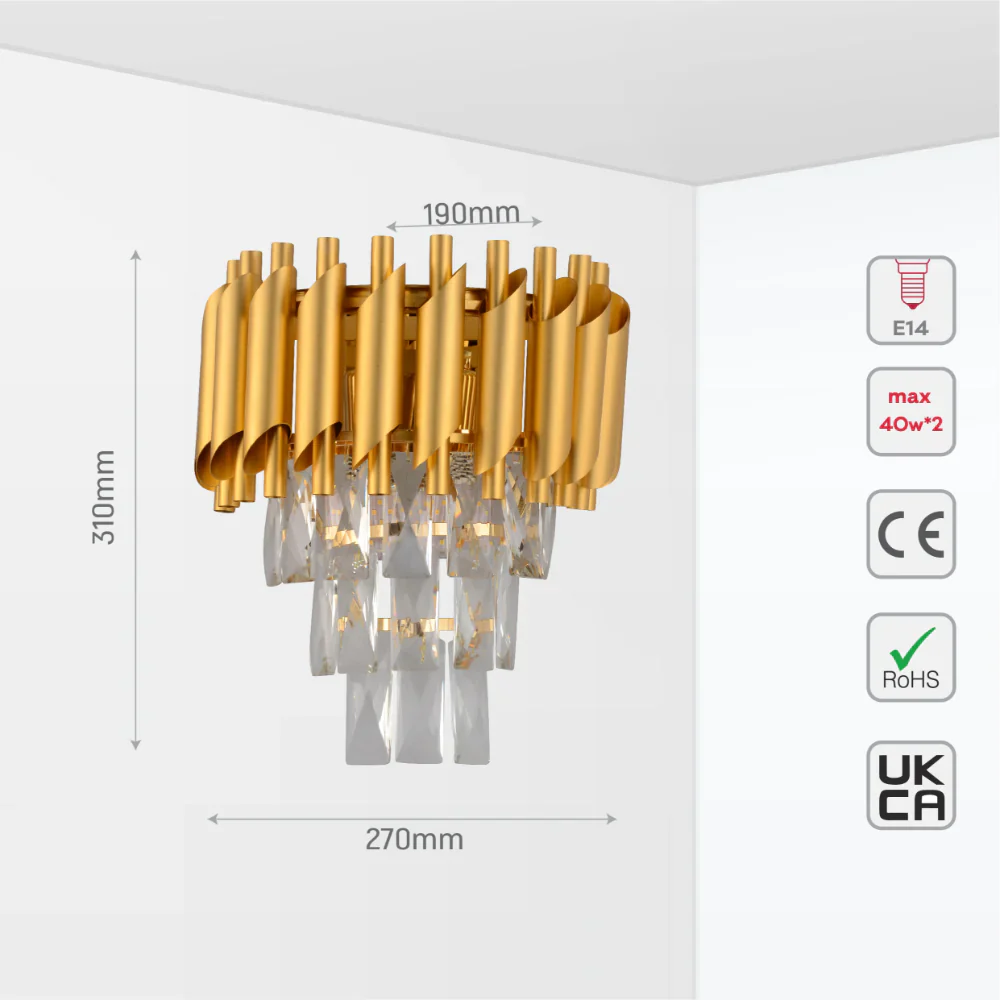 Size and tech specs of Orbit Glow Design 3 Tiered Crystal Wall Sconce Light Black Gold | TEKLED 151-19914