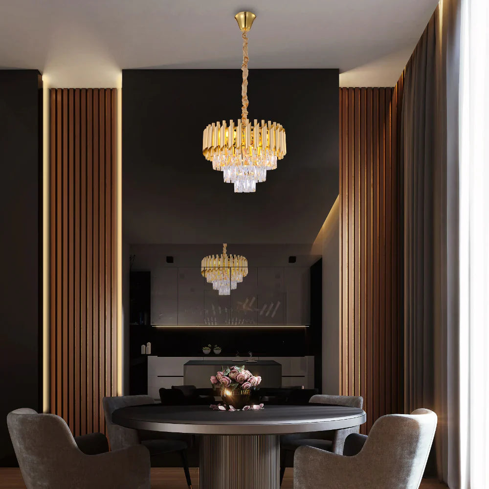Interior application of Orbit Glow Design Tiered Crystal Modern Chandelier Ceiling Light | TEKLED 159-17890