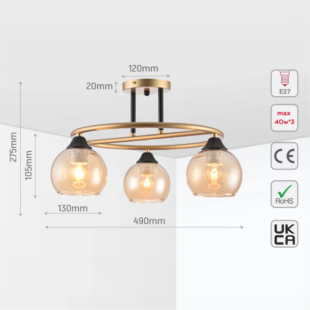 Size and tech specs of Orbit Harmony Black & Gold Ceiling Light | TEKLED 159-179987