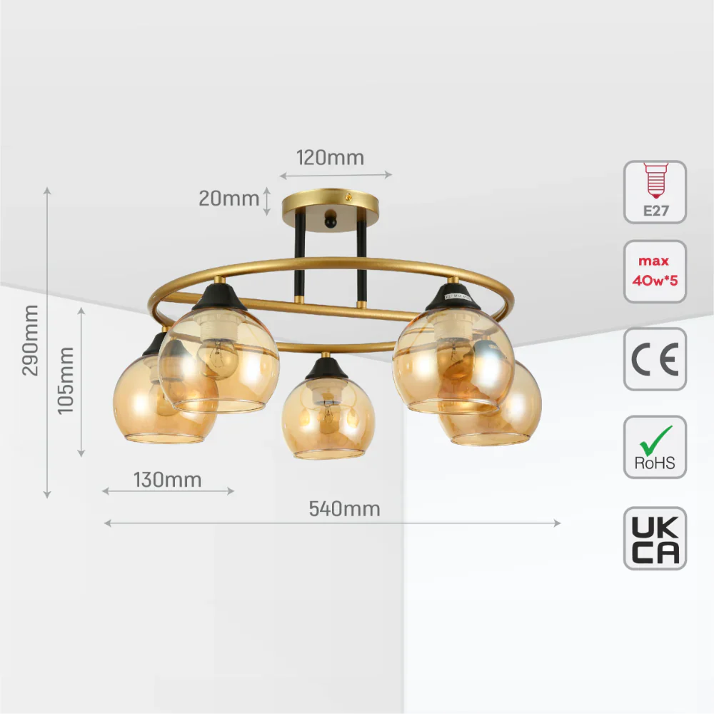 Size and tech specs of Orbit Harmony Black & Gold Ceiling Light | TEKLED 159-179988