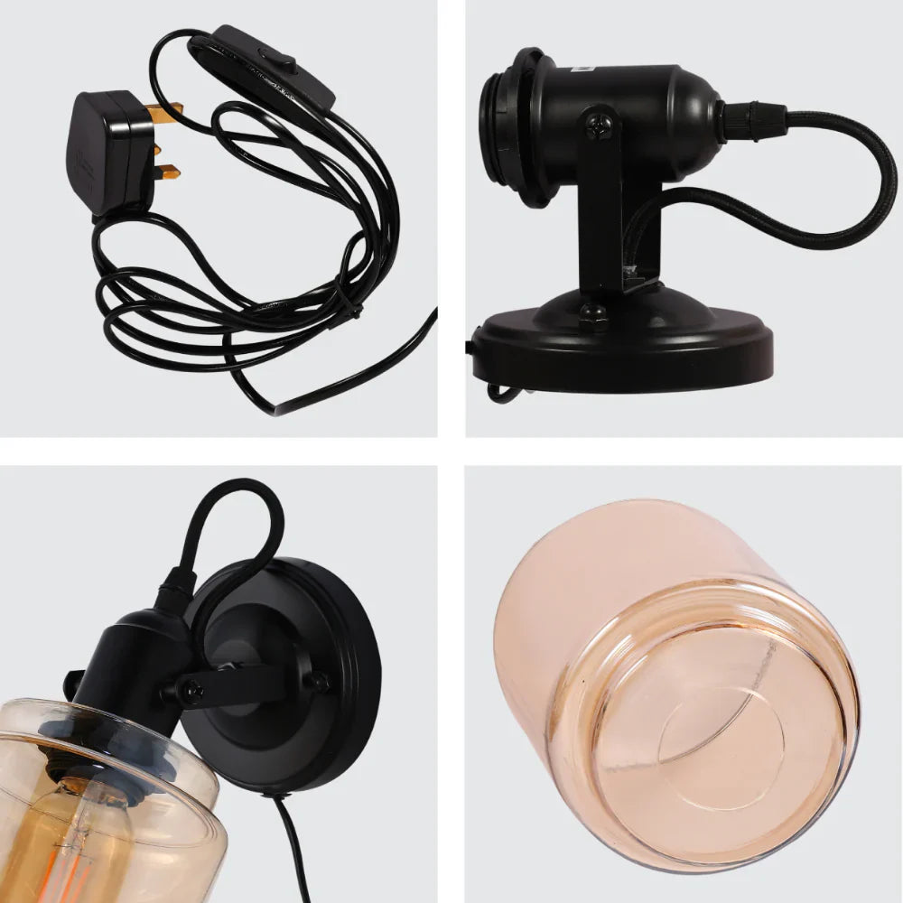 Plugged-In Adjustable Glass Cone Wall Light with Rocker Switch Black 7