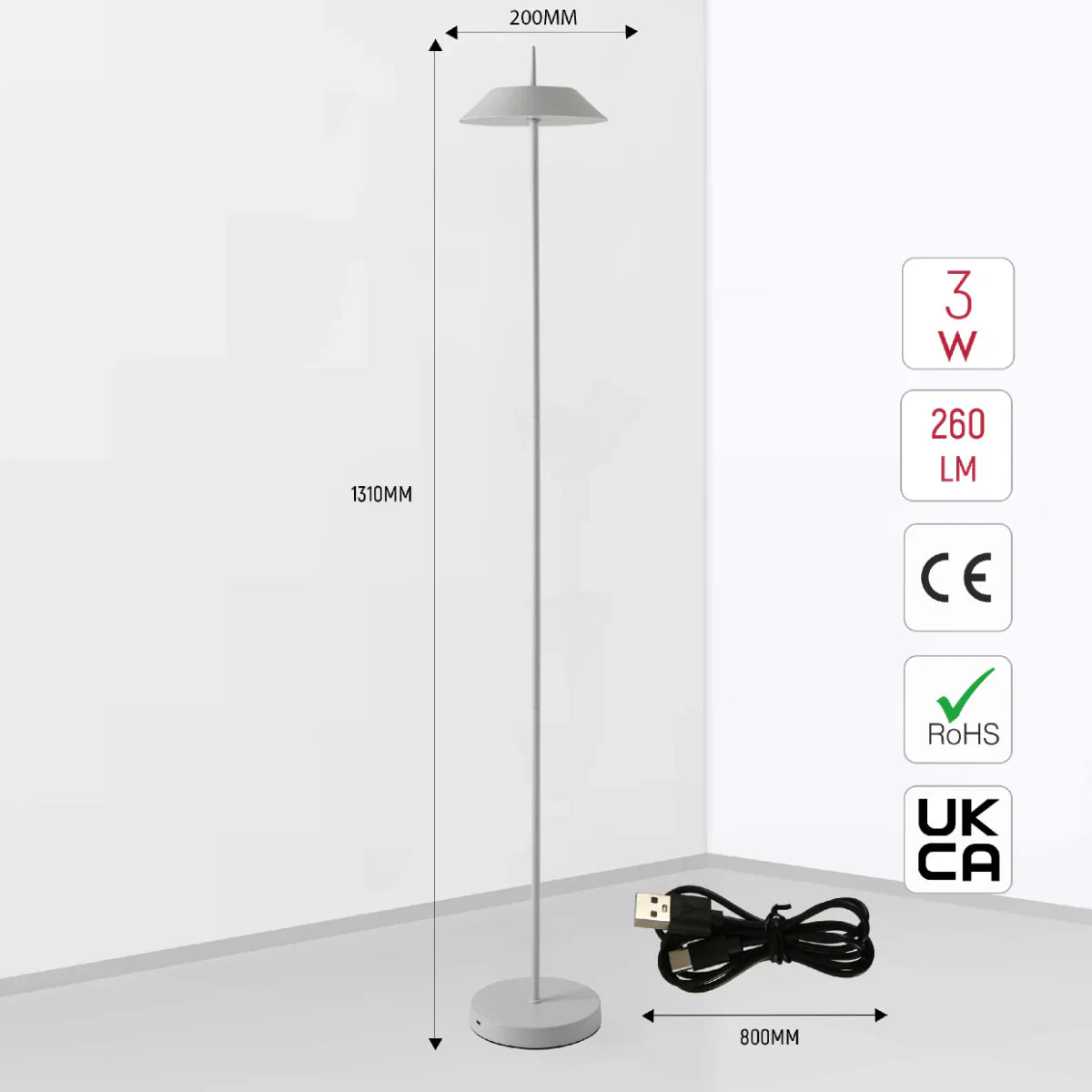 Size and certifications of Portable LED Floor Lamp with Dimmable CCT - Sleek Design, 131cm 130-03540